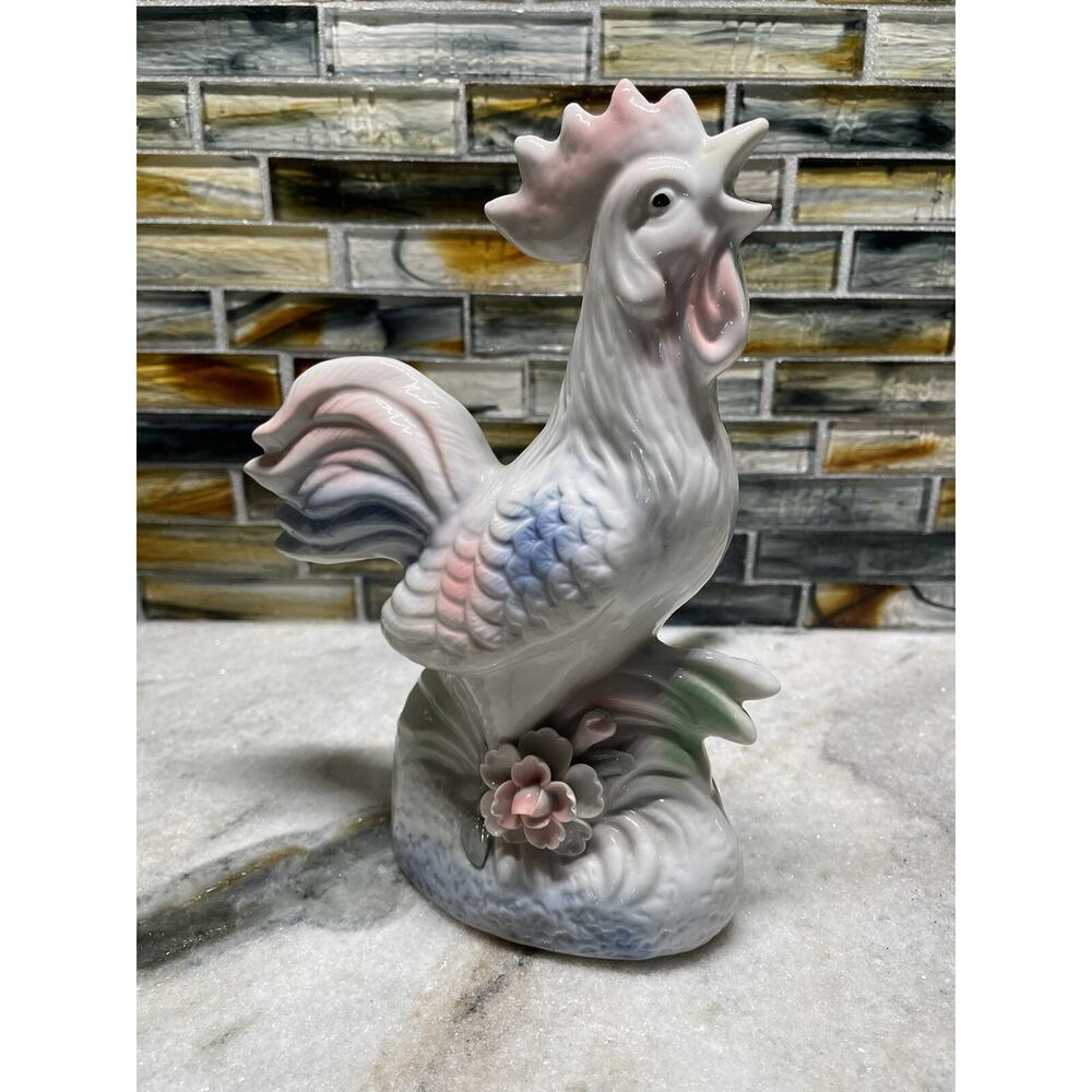 Vintage Mid Century Ceramic Pastel Iridescent Rooster Figurine Farmhouse Decor
